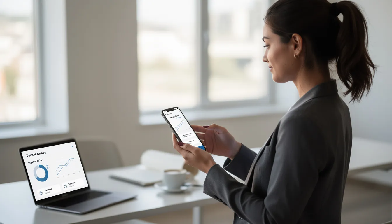 Una persona está usando un smartphone para gestionar su negocio, aprovechando herramientas digitales que facilitan la transformación digital de pequeñas empresas. En la pantalla se pueden observar aplicaciones relacionadas con la gestión de clientes y procesos, reflejando la importancia de la digitalización en el entorno empresarial actual.