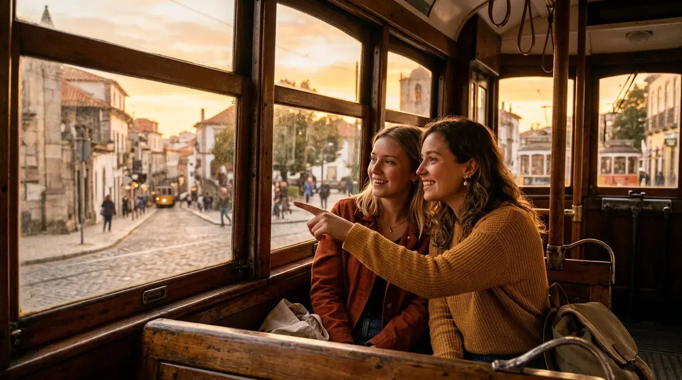 Two students on an Italian tram looking out at the city they plan to study in
