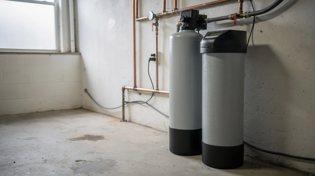 The image depicts a realistic water softener system installed in a residential setting, showcasing the main components such as the resin tank, brine tank, and control valve. This system is designed to improve water quality by effectively removing hardness minerals like calcium and magnesium ions, ensuring soft water flows throughout the home.
