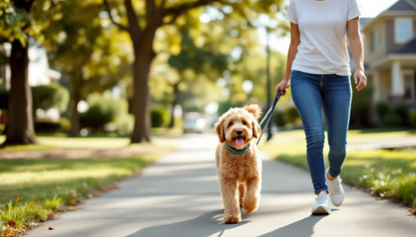 A miniature English Goldendoodle with a curly coat is happily walking on a leash alongside its owner in a suburban neighborhood, showcasing its friendly demeanor as a perfect companion and therapy dog. The scene captures the essence of family life, highlighting the bond between the pet and its owner.