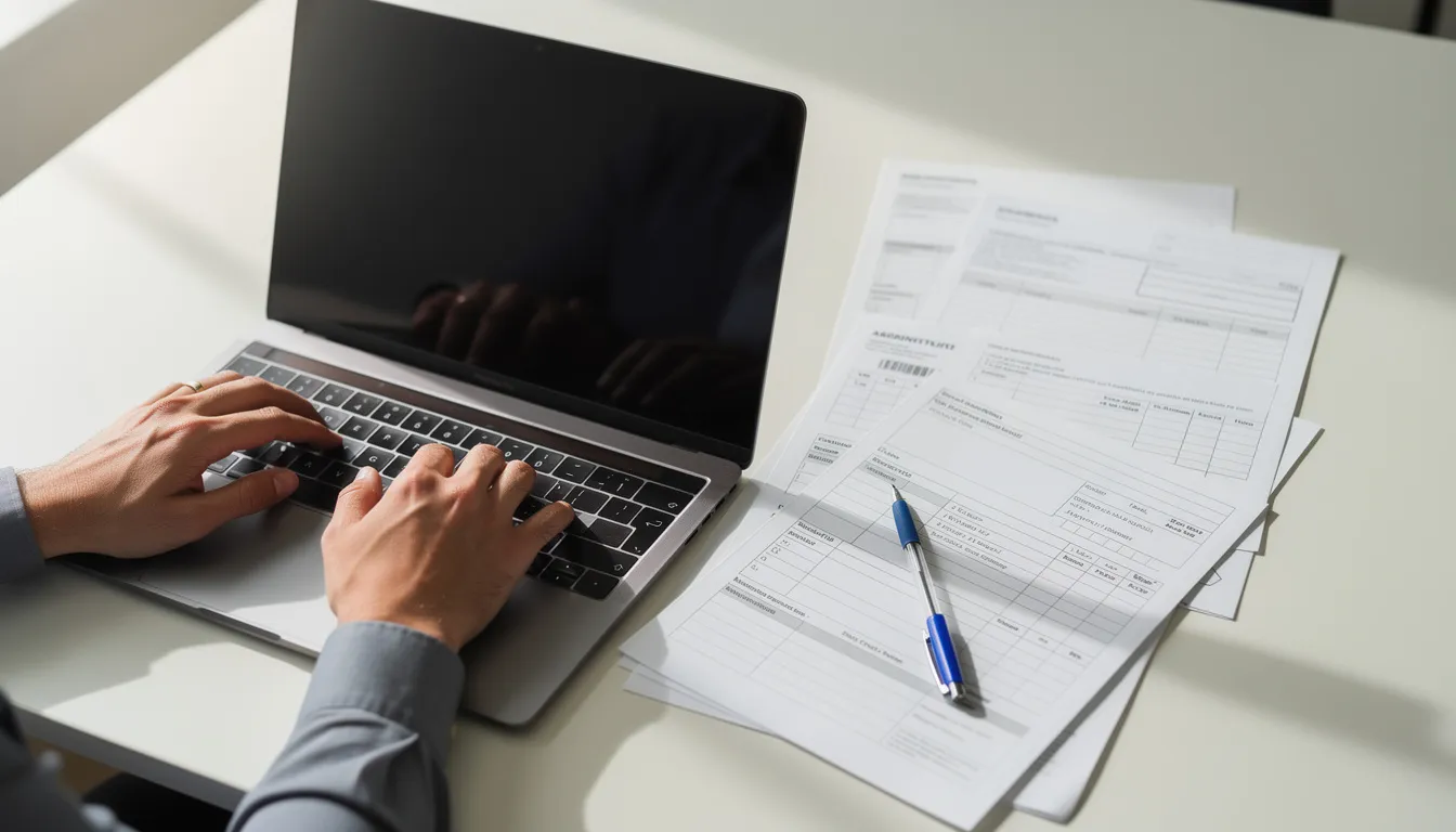 Une image montre des mains en train de taper sur un clavier d'ordinateur portable, entourées de documents administratifs importants. Cette scène évoque le processus d'inscription pour des études en Italie, soulignant les démarches nécessaires pour les étudiants étrangers, notamment ceux venant de Tunisie.