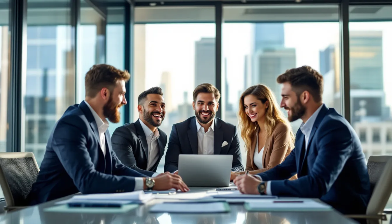 In the image, a professional SEO company is depicted with a team analyzing search engine results pages on multiple screens, showcasing their SEO strategy and techniques like keyword research and technical SEO. The atmosphere conveys a collaborative environment focused on enhancing online visibility and driving organic search traffic for clients.