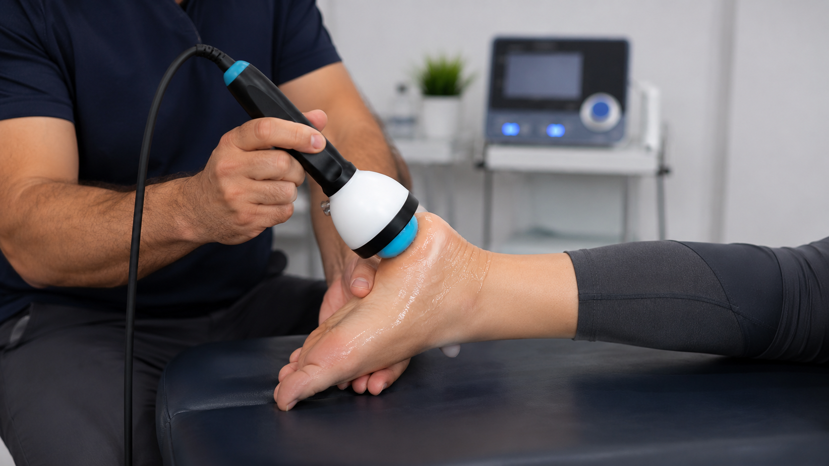 Provider applying a shockwave therapy probe to the top of a patient's foot in a clinic setting