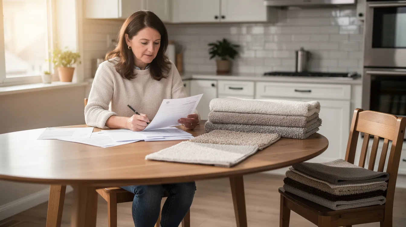 A homeowner is seated at a kitchen table, reviewing paperwork related to carpet cleaning, with various carpet samples spread out nearby. The scene emphasizes the decision-making process for choosing the right carpet type and cleaning method, possibly considering professional carpet cleaning services.
