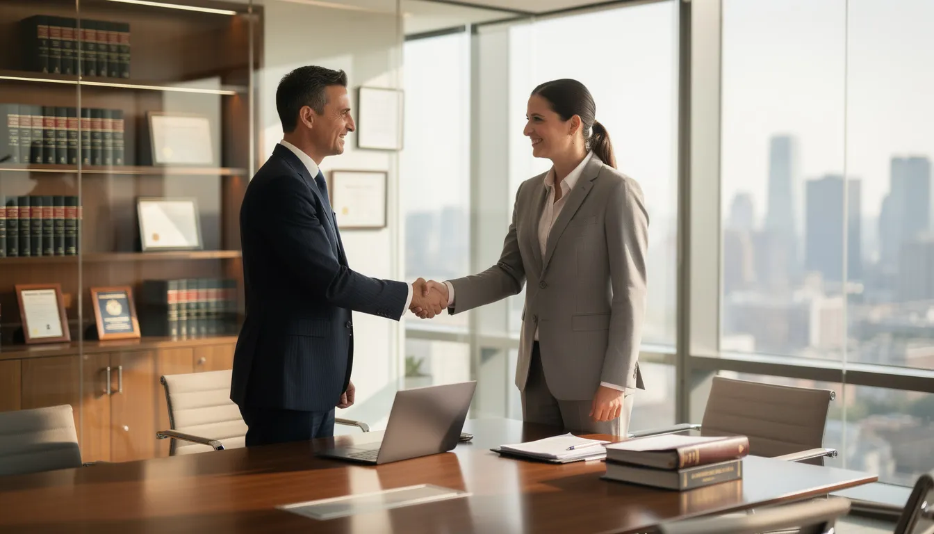 The image depicts a professional office meeting where an attorney and a client are shaking hands, symbolizing the successful conclusion of a workers' compensation claim for death benefits. This moment highlights the attorney's role in providing support and guidance to families of deceased workers navigating the complexities of compensation benefits.