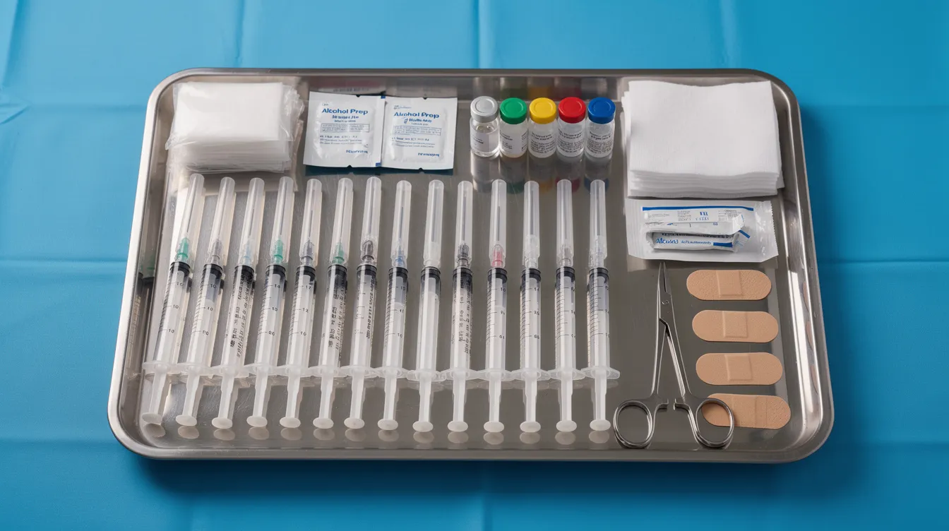 The image shows a sterile medical tray arranged on a blue surface, featuring syringes and various medical supplies used for cosmetic enhancement procedures like cheek filler treatments. The neat arrangement suggests preparation for a treatment that may involve hyaluronic acid fillers to restore volume and enhance facial contours.