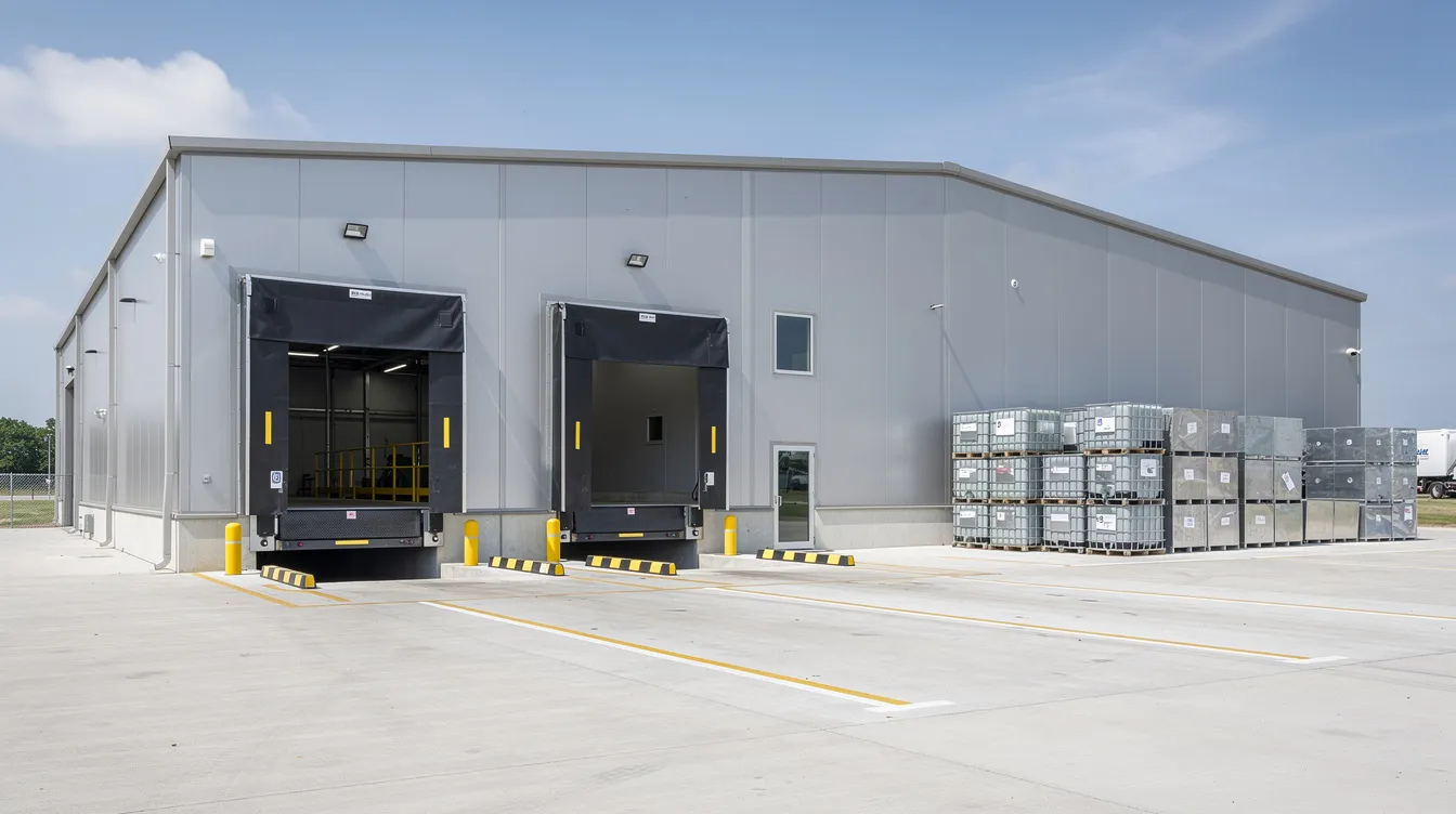 fd2cec99 df7a 4a76 abdf 20a546282e80 The image shows the exterior of a clean industrial processing shed designed for a dal mill plant, featuring a loading dock and a spacious storage area. This facility plays a crucial role in the food processing industry, focusing on the efficient processing of various types of pulses, ensuring high production capacity and quality standards.