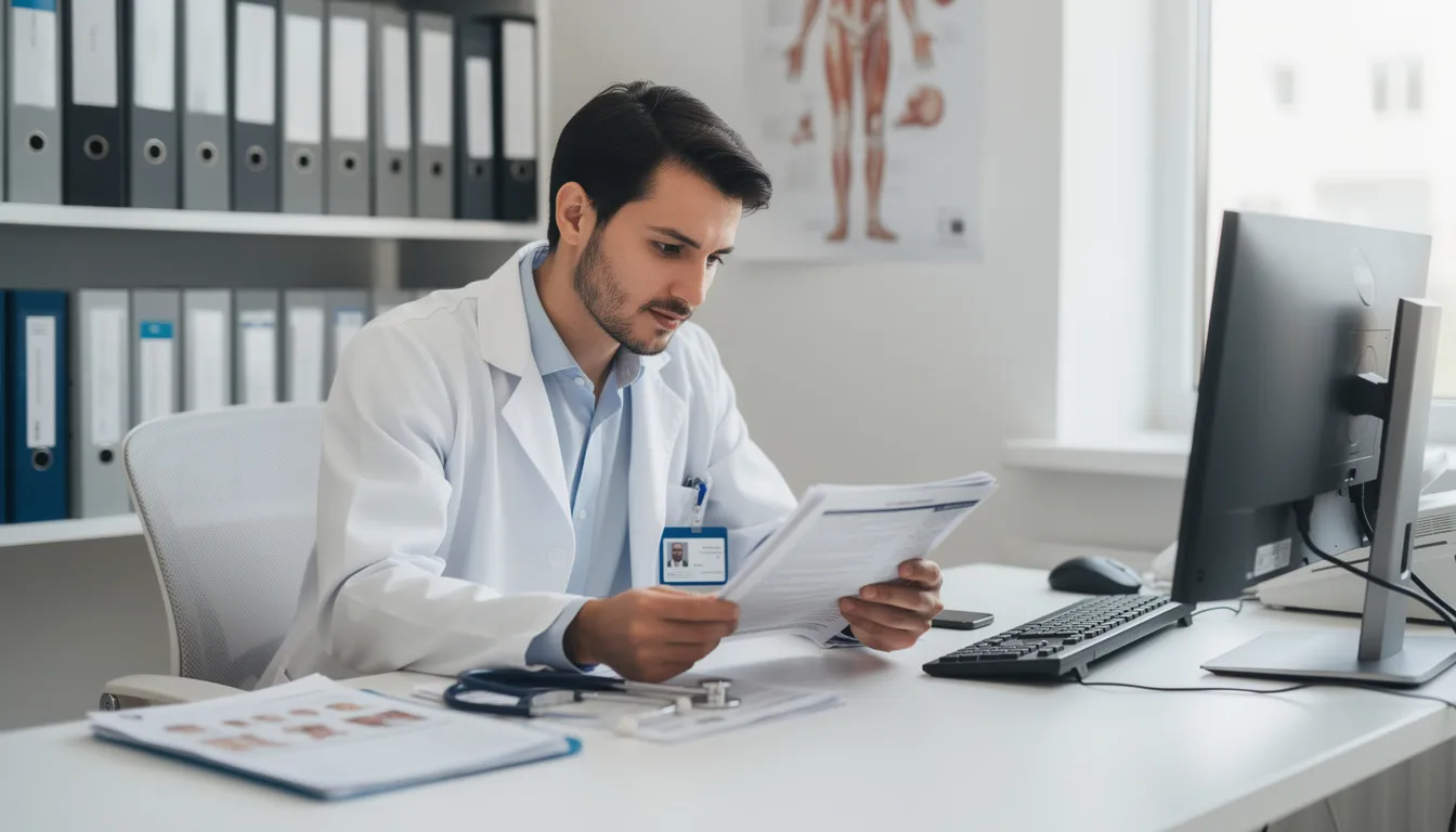 A medical professional is seated at a desk, intently reviewing documents related to a workers compensation claim. The focus on their work suggests they are assessing the medical treatment and determining if the injured worker has reached maximum medical improvement (MMI) for their occupational injury.