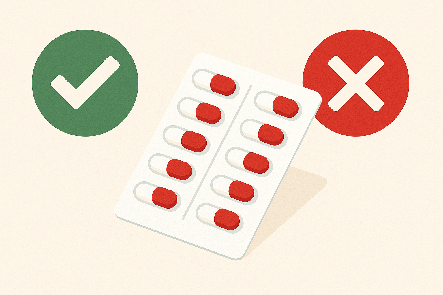 Rød-hvite kapsler i blisterpakning med grønn hake og rød X – hvem bør bruke medisinen.