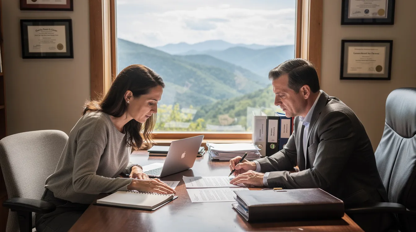 A business owner and an attorney are seated at a desk, reviewing contract documents with a focus on liability clauses and indemnification obligations, while the picturesque Tennessee mountains are visible through the window behind them. The scene highlights the importance of careful negotiation and drafting in commercial contracts to protect the interests of both parties involved.