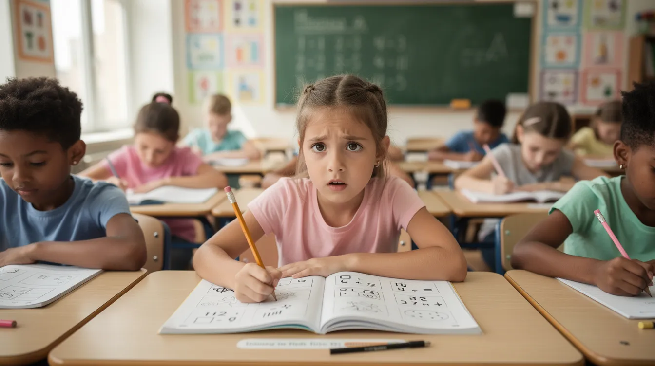 A young child sits in a classroom, looking confused while her classmates around her are focused on writing in their workbooks. This scene highlights the challenges some children face in listening and understanding instructions, emphasizing the importance of effective listening skills in a school environment.