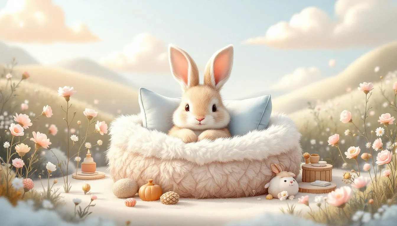 A well-arranged rabbit sleeping area with soft bedding.