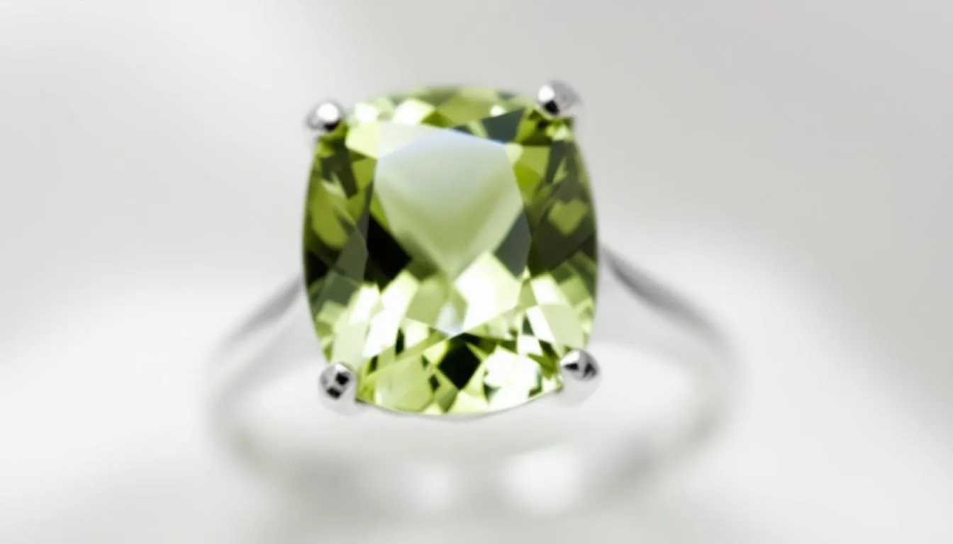 The image features a vibrant peridot, the August birthstone, known for its warm yellow-green hues, often associated with the sun and believed to bring good fortune and good health. This precious gem is showcased elegantly, symbolizing classic beauty and the tradition of birthstone jewelry.