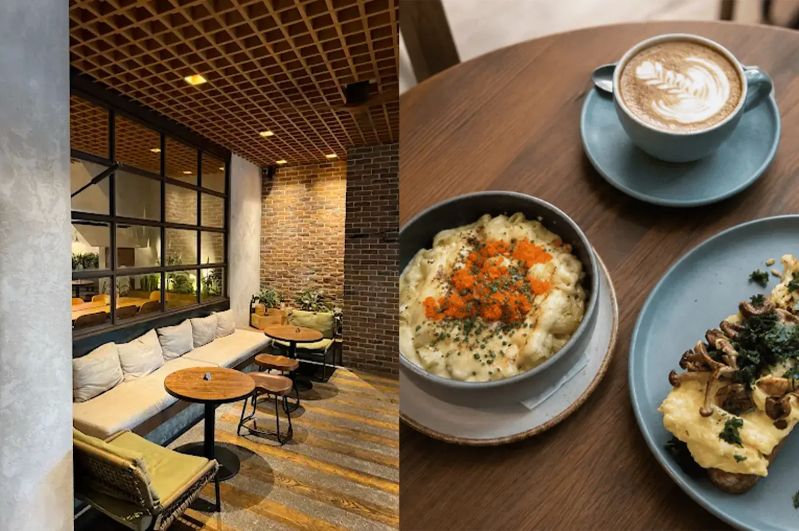 Five Oars Coffee Roasters cozy interior with cushioned sofa chairs and wooden tables and their Mentaiko Mac & Cheese and coffee.