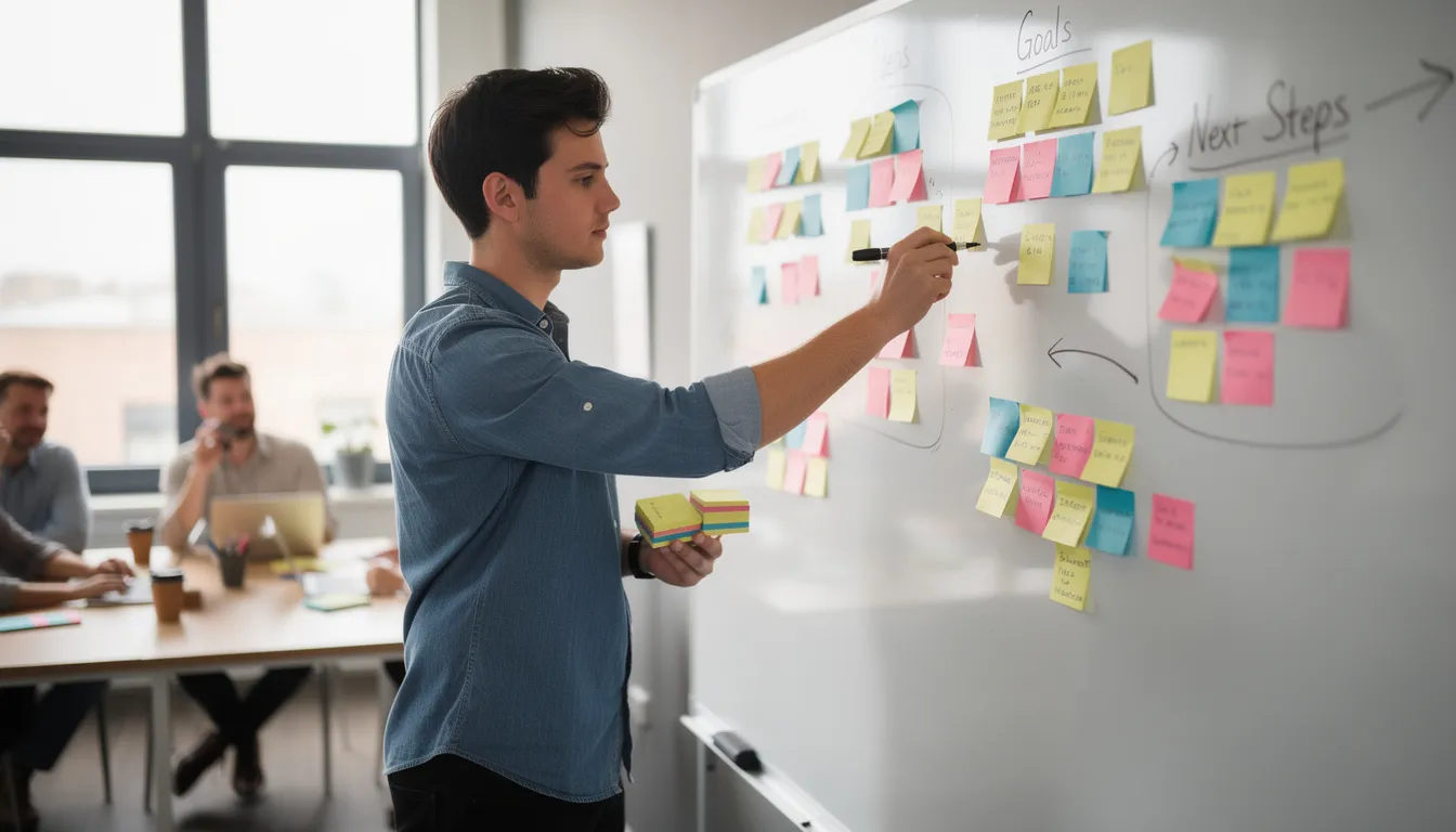 A person is actively arranging colorful sticky notes on a whiteboard during a brainstorming session, showcasing various note-taking strategies and techniques. This visual representation emphasizes key points and ideas, promoting effective note-taking methods for better organization and learning.