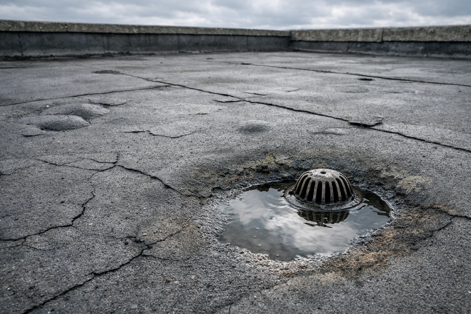 Damaged felt flat roof showing cracks, blistering and water pooling, indicating the need for replacement.
