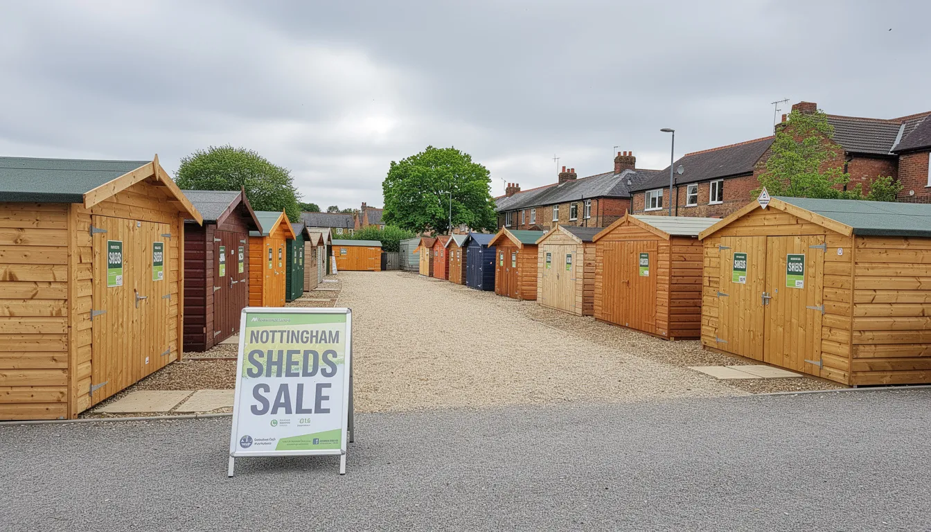 The image showcases a variety of garden sheds for sale in Nottingham, featuring both traditional wooden sheds and modern metal sheds. The display highlights their superior build quality and offers options like insulated garden rooms and storage sheds, perfect for enhancing any outdoor space.