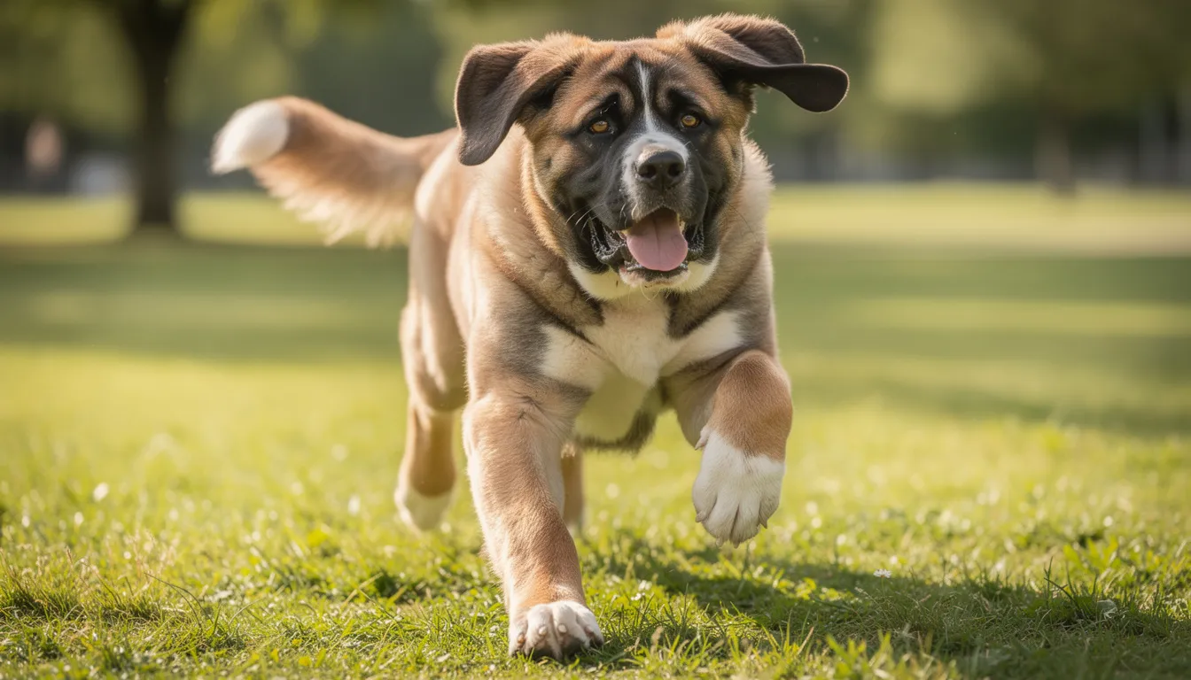 Na zdjęciu widać dużego szczeniaka rasy olbrzymiej, który bawi się na zielonej trawie. Szczeniak jest energiczny i radosny, co wskazuje na jego zdrowy rozwój, który wymaga odpowiedniej diety, bogatej w wapń i inne składniki mineralne, aby wspierać budowę kości i prawidłowe funkcjonowanie organizmu psa.