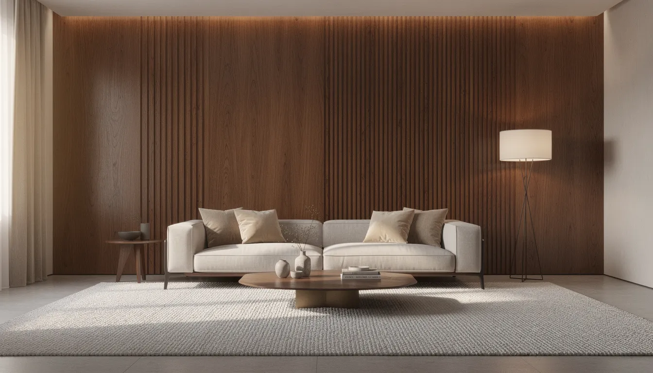 Een sfeervolle woonkamer met een luxe wandpaneel van hout, dat een stijlvolle upgrade biedt achter een designbank met zachte kussens. Het grote vloerkleed voegt comfort toe aan de ruimte, die is ingericht met een nette afwerking en een natuurlijke look.