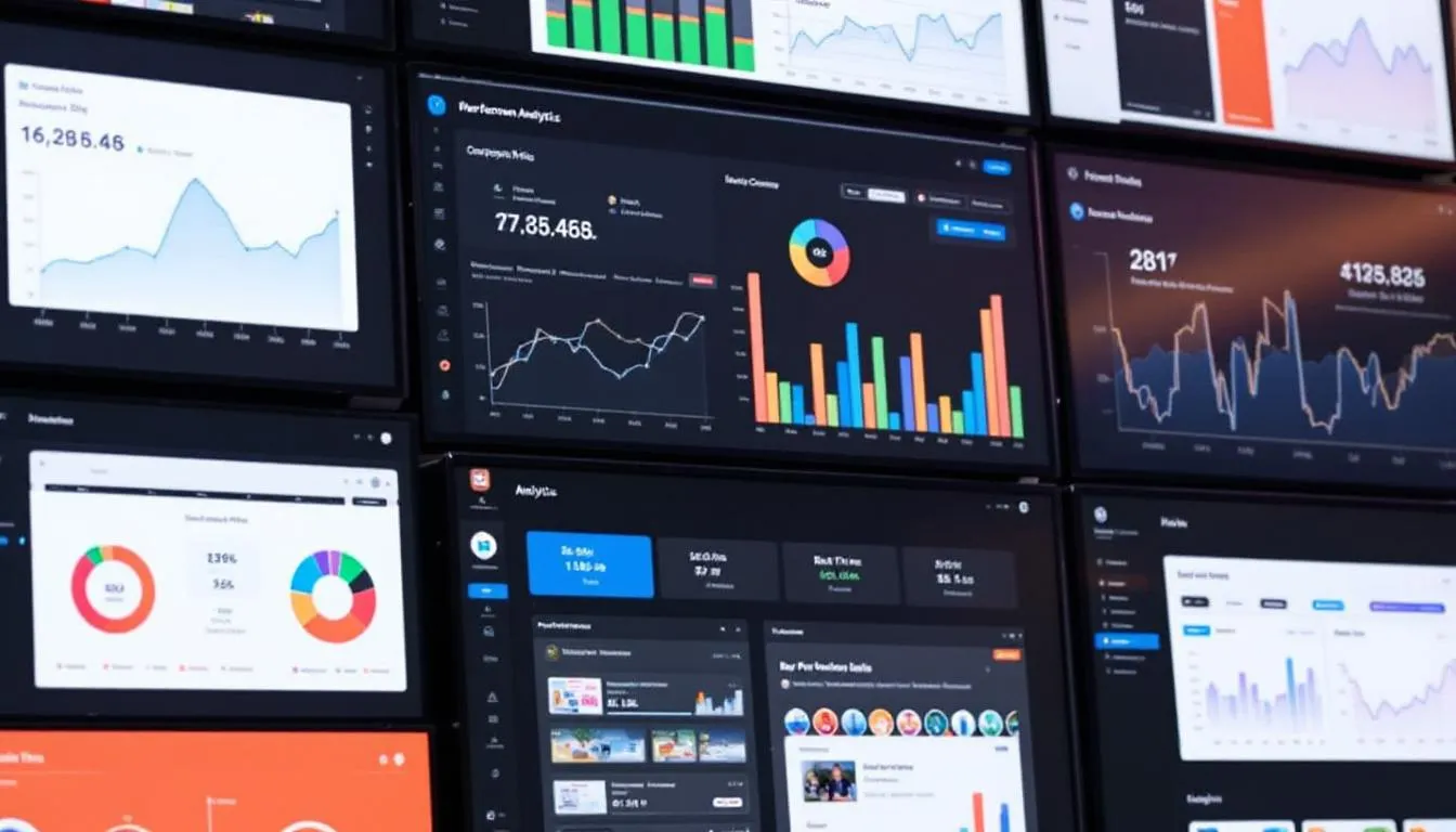 The image depicts a digital marketing dashboard displayed on computer screens, showcasing various analytics charts, graphs, and performance metrics that reflect the effectiveness of digital marketing campaigns. This visual representation is essential for digital marketing agencies to track business objectives and drive growth through informed decision-making.