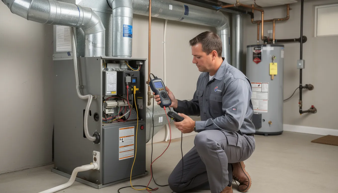 An HVAC technician is using diagnostic equipment to examine the mechanical systems of a residential building, ensuring proper ventilation and checking for high radon levels that could pose health risks, including lung cancer. The technician's work is essential for radon mitigation and maintaining a safe living environment.