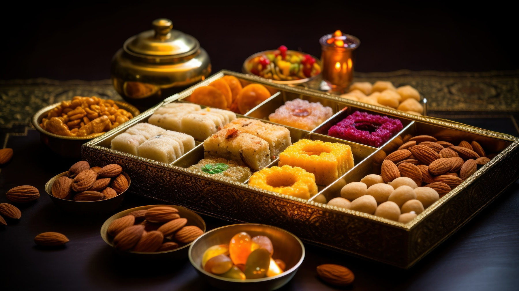 A variety of authentic Indian sweets displayed on a decorative platter