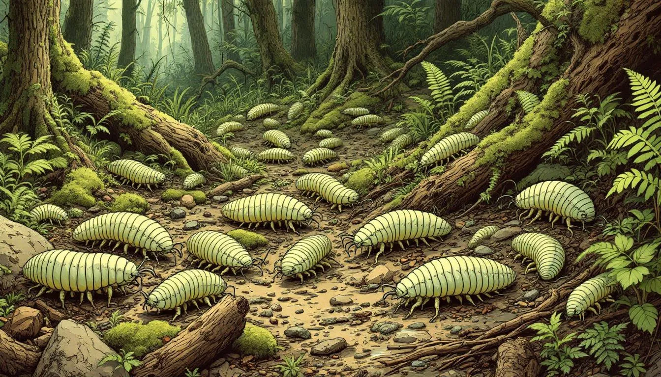 An illustration depicting ancient isopods in their natural habitat.