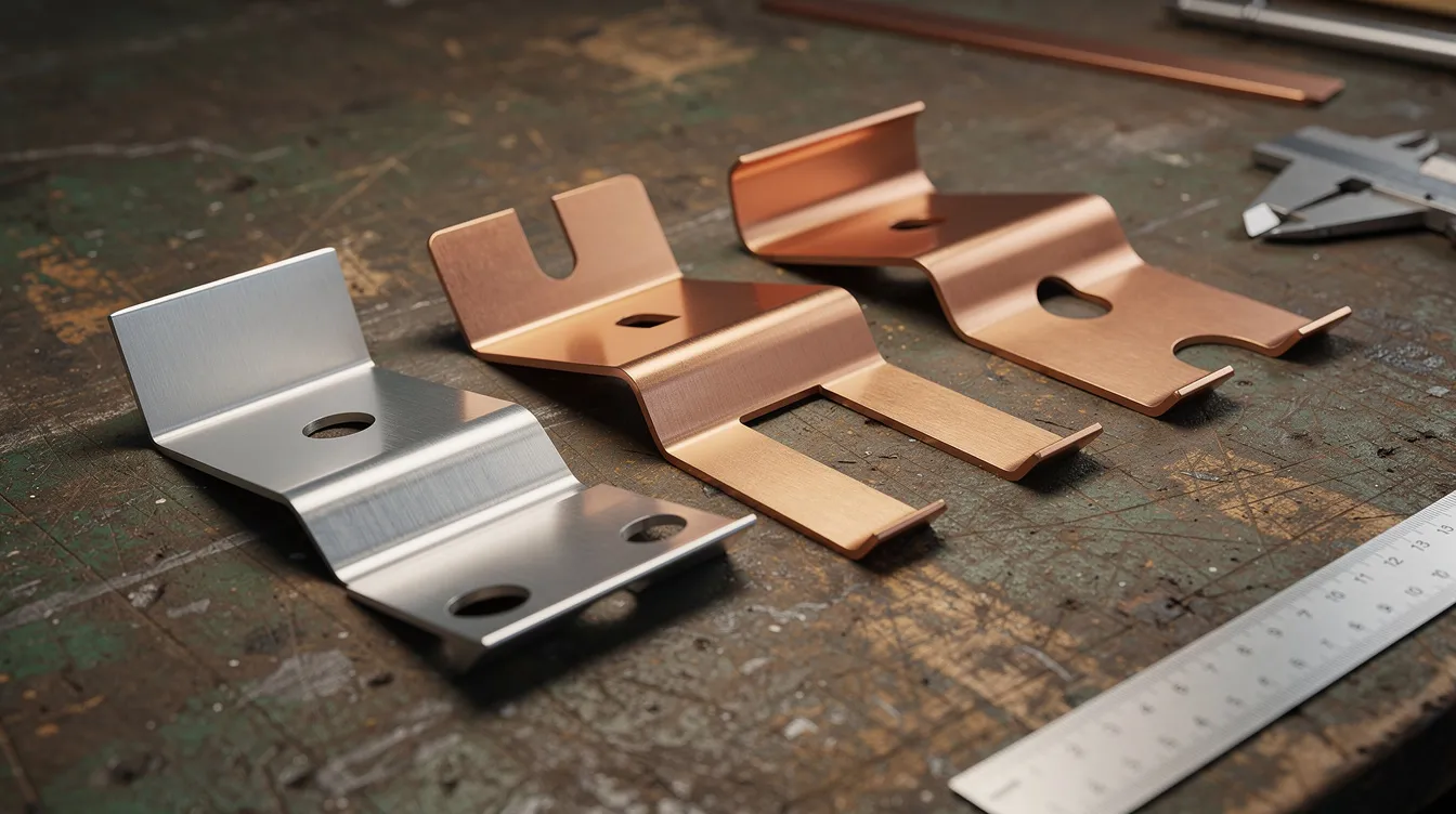 The image features several bent sheet metal parts made from aluminum, stainless steel, and copper, arranged on a workshop table. These bent sheet metal parts showcase various bend angles and radii, highlighting the precision involved in the sheet metal bending process.