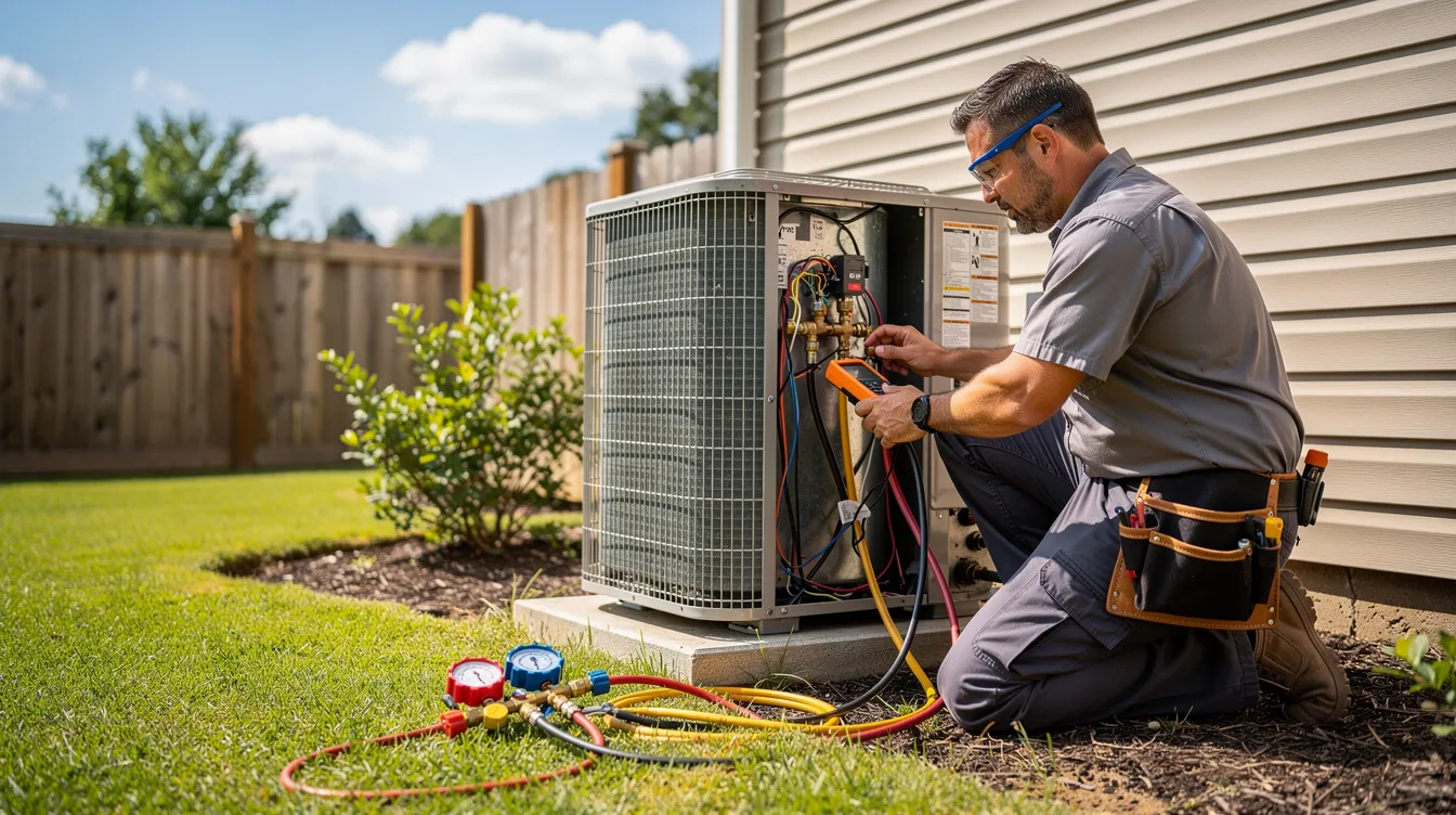 An HVAC technician is seen servicing an outdoor air conditioning unit in a sunny residential setting, focusing on restoring efficient cooling and ensuring proper airflow. The technician is equipped with tools to address potential air conditioning problems, such as dirty filters or electrical issues, to maintain the home's indoor air quality.