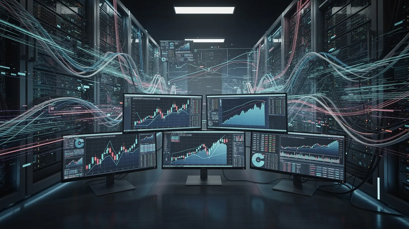 The image depicts an abstract representation of a modern financial operations center, featuring multiple trading screens displaying real-time data and server racks, symbolizing a digital asset exchange platform. This high-tech environment highlights the advanced technology and trading infrastructure essential for crypto exchanges, emphasizing the importance of regulatory compliance and liquidity providers in the financial sector.