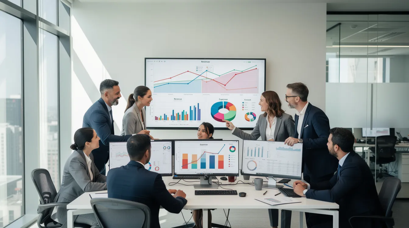 A team of accounting professionals is gathered in a bright office, collaboratively reviewing financial data displayed on large screens. They utilize AI-powered tools to analyze client data and generate financial reports, enhancing their workflow efficiency and client communication.