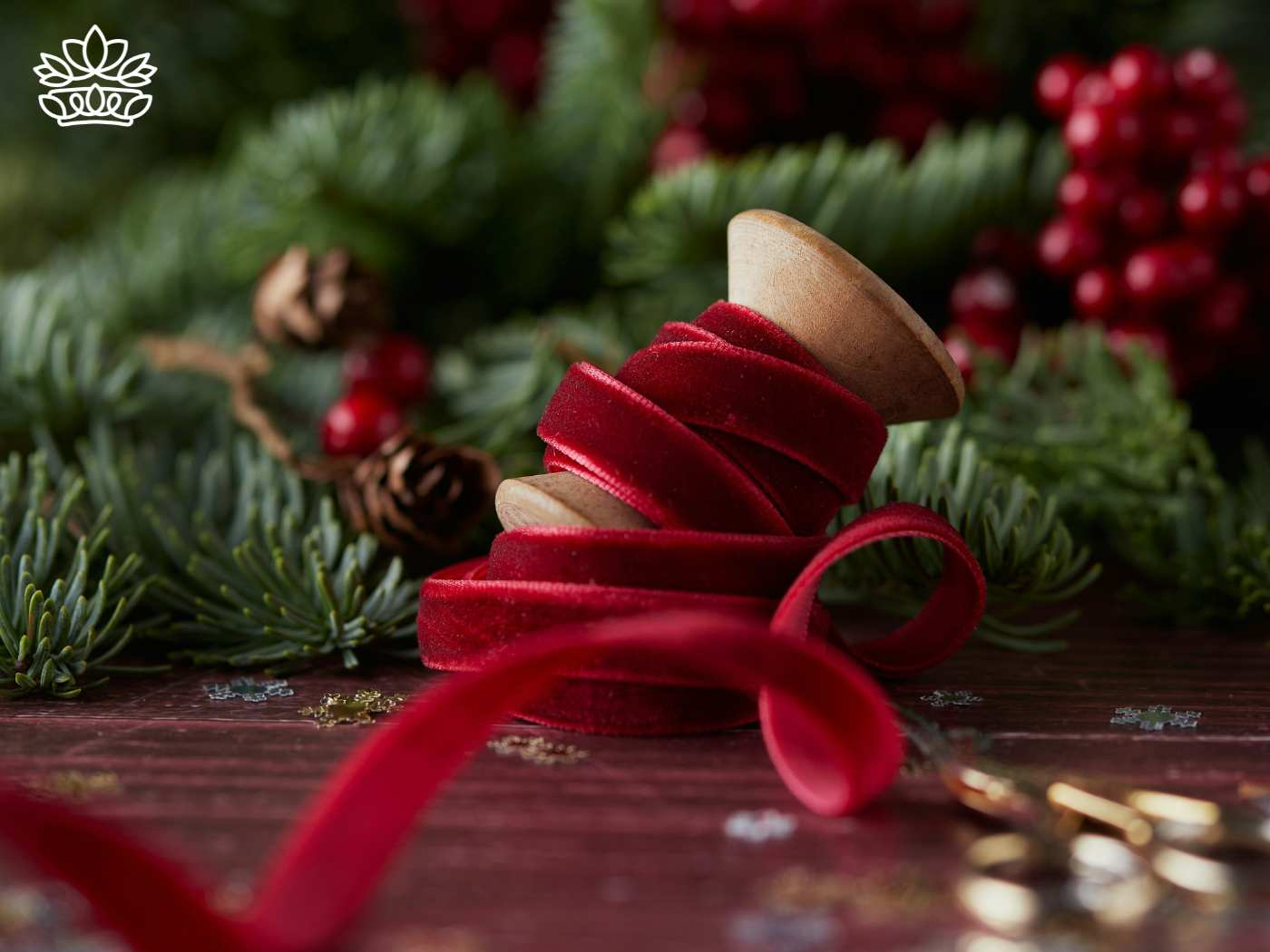 A wooden spool wrapped in a luxurious red velvet ribbon, set against a festive backdrop of evergreen branches and holly berries, encapsulating the essence of the Christmas season, part of the decorative collection at Fabulous Flowers and Gifts.