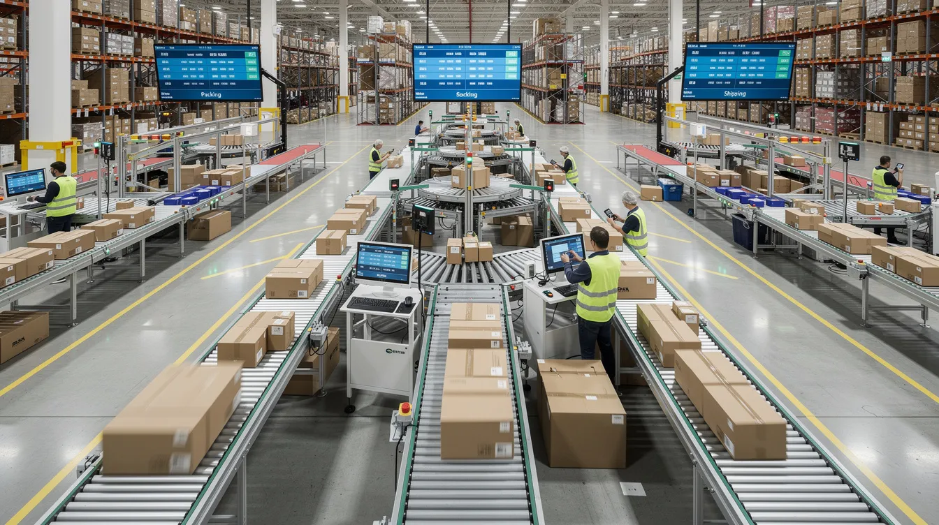 The image depicts a modern e-commerce fulfillment center featuring extensive conveyor belts and automated sorting systems, designed to enhance operational efficiency and improve customer satisfaction. This high-tech environment utilizes AI technology and machine learning algorithms to streamline inventory management and optimize the online shopping experience.