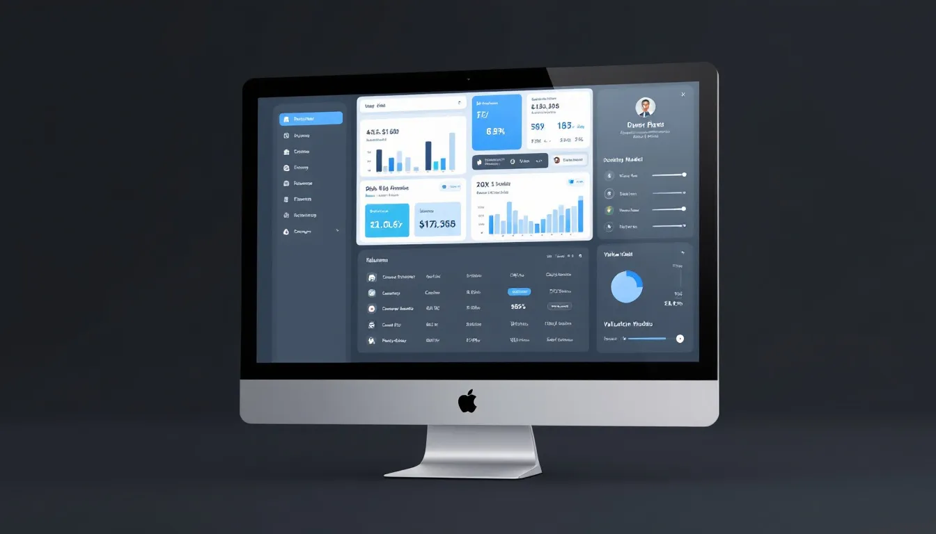 The image displays a technology interface showcasing a business valuation software dashboard, featuring various metrics related to independent valuations, fair market value, and financial reporting. It highlights tools for making smart business decisions regarding company assets and liabilities, essential for stakeholders and investors in determining a company's value.