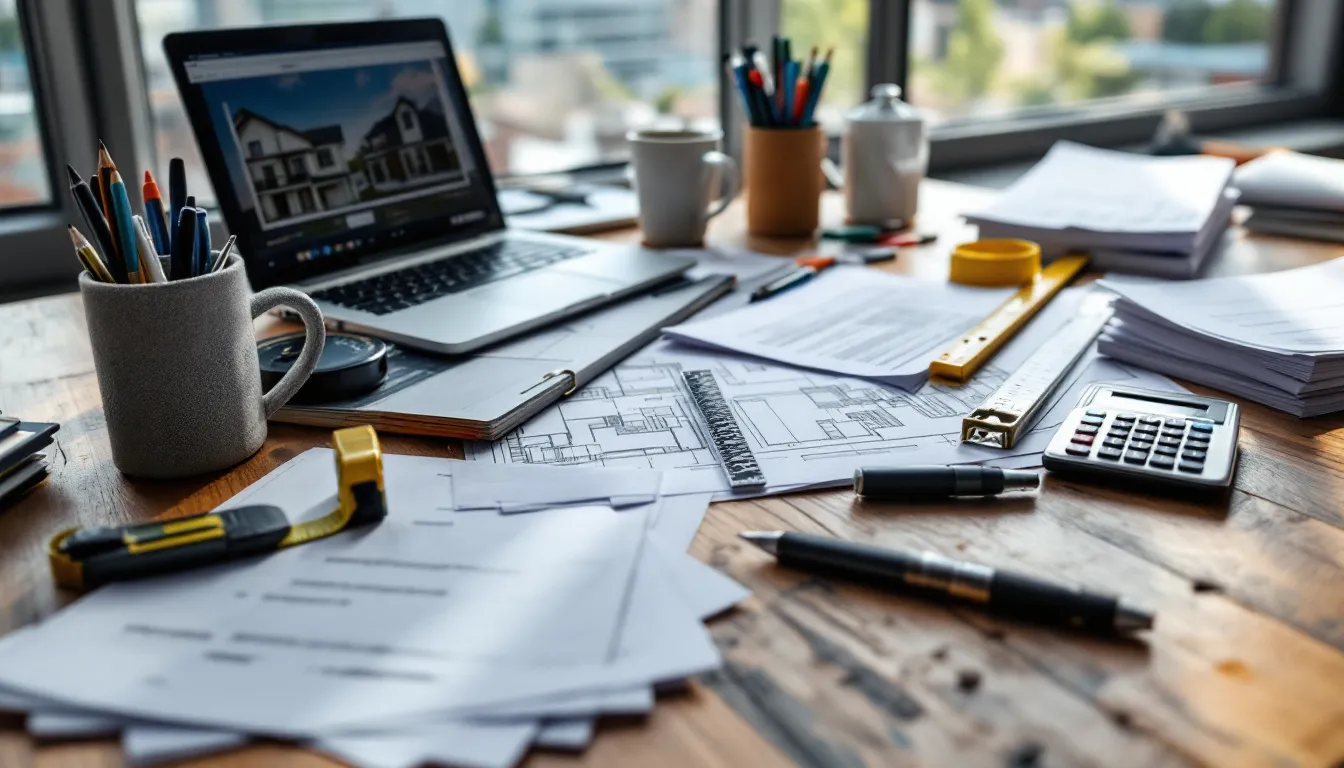 Uma mesa de trabalho está repleta de documentos imobiliários, plantas de imóveis e equipamentos de medição, essenciais para a avaliação de imóveis e o processo de inventário. O ambiente sugere um foco na segurança e na precisão, com materiais que ajudam a determinar o valor de mercado e o estado de conservação dos bens.