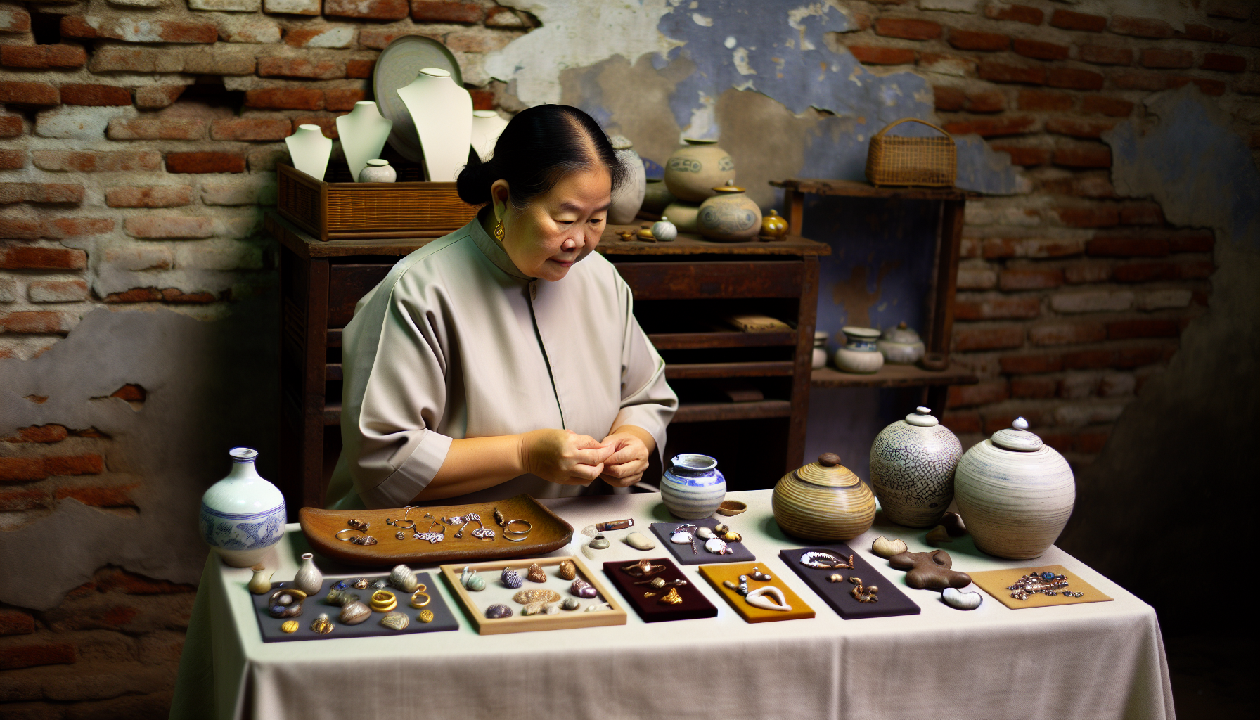Local artisan displaying handcrafted pottery and jewelry