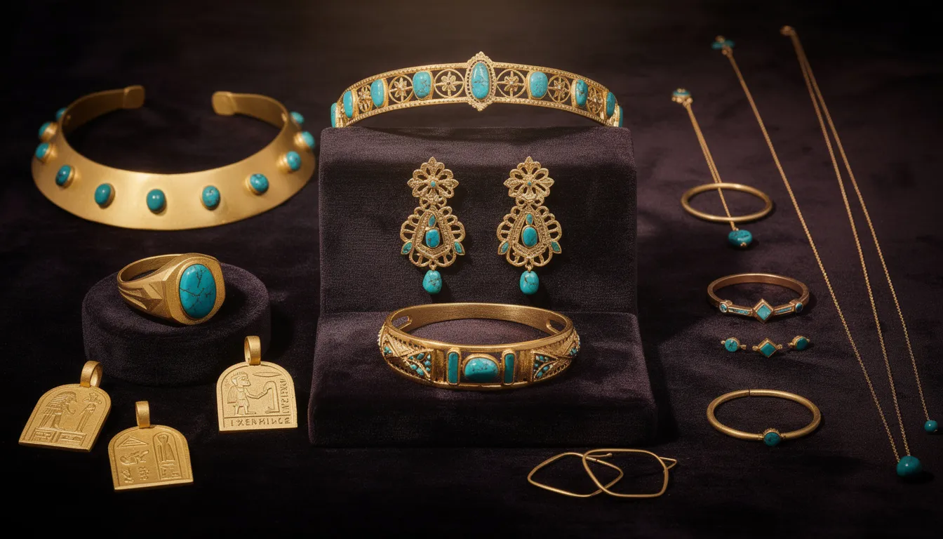 The image showcases a stunning collection of turquoise jewelry, featuring bold turquoise necklaces, rings, and earrings elegantly combined with gold accents. This handcrafted jewelry represents a timeless style, perfect for those seeking a meaningful accessory that embodies both beauty and protection, celebrating the rich history of turquoise with gold.