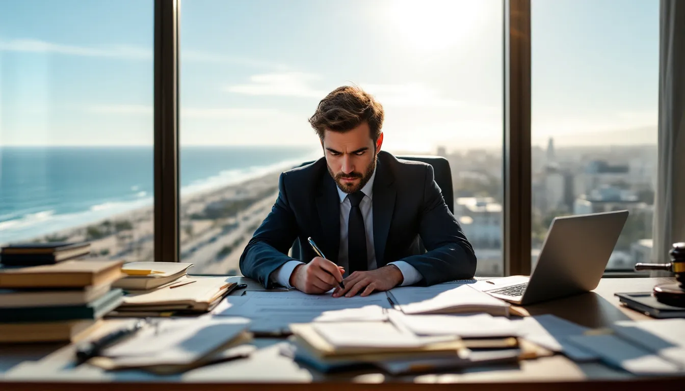 The image depicts a busy attorney's desk filled with legal paperwork, emphasizing the hard work involved in personal injury cases, such as car accident claims. In the background, the scenic view of Long Beach serves as a reminder of the location where clients seek legal representation for serious injuries and accident claims.