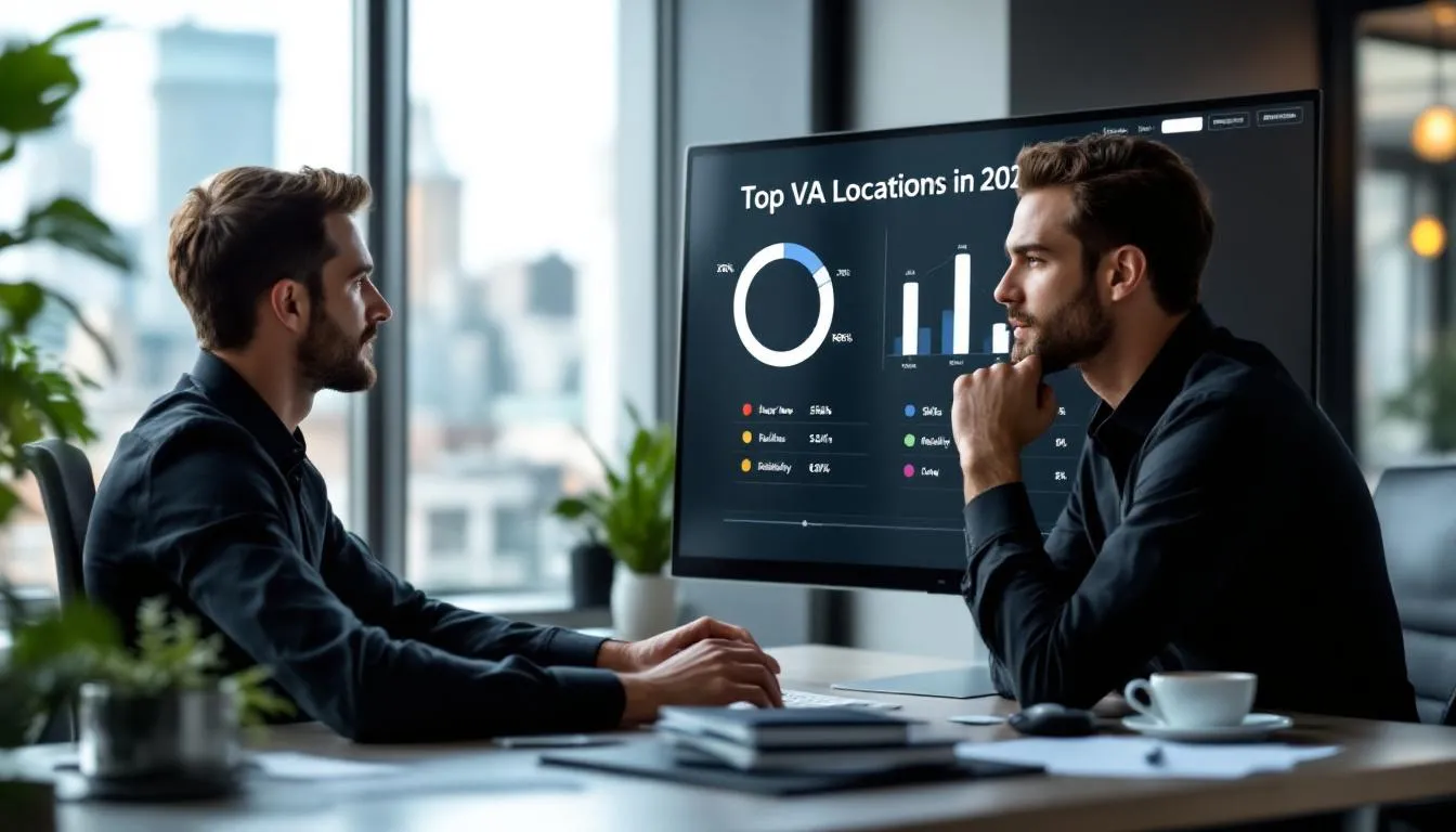 A business owner is intently analyzing a digital dashboard that displays a comparison of hourly rates, skills, and reliability of virtual assistants (VAs) from various countries, highlighting the best outsourcing locations for 2025. The image features an overlay headline reading “Top VA Locations in 2025,” reflecting the importance of outsourcing services in the global market.