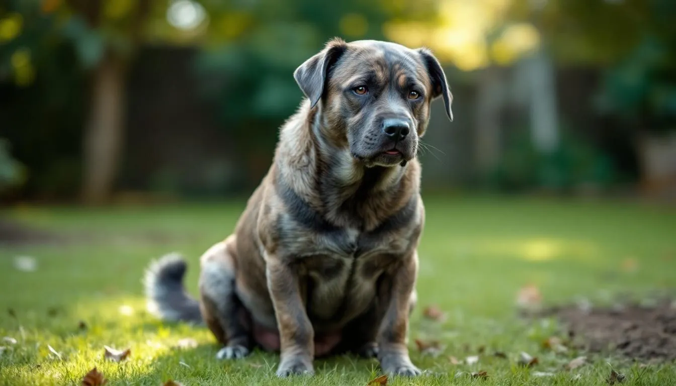 A dog appears to be in discomfort while trying to defecate in a yard, potentially indicating symptoms of colitis, such as straining and distress. The scene captures the dog
