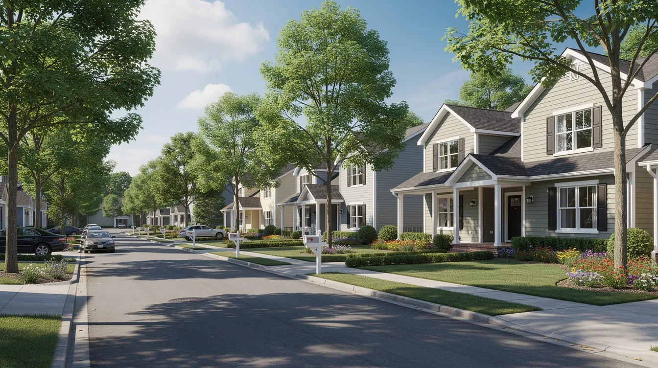 The image depicts a row of well-maintained rental homes situated along a tree-lined suburban street, showcasing attractive single-family rentals that could be part of a rental portfolio for real estate investors. These properties exemplify the potential for generating rental income and positive cash flow, making them appealing for those interested in investment property loans.