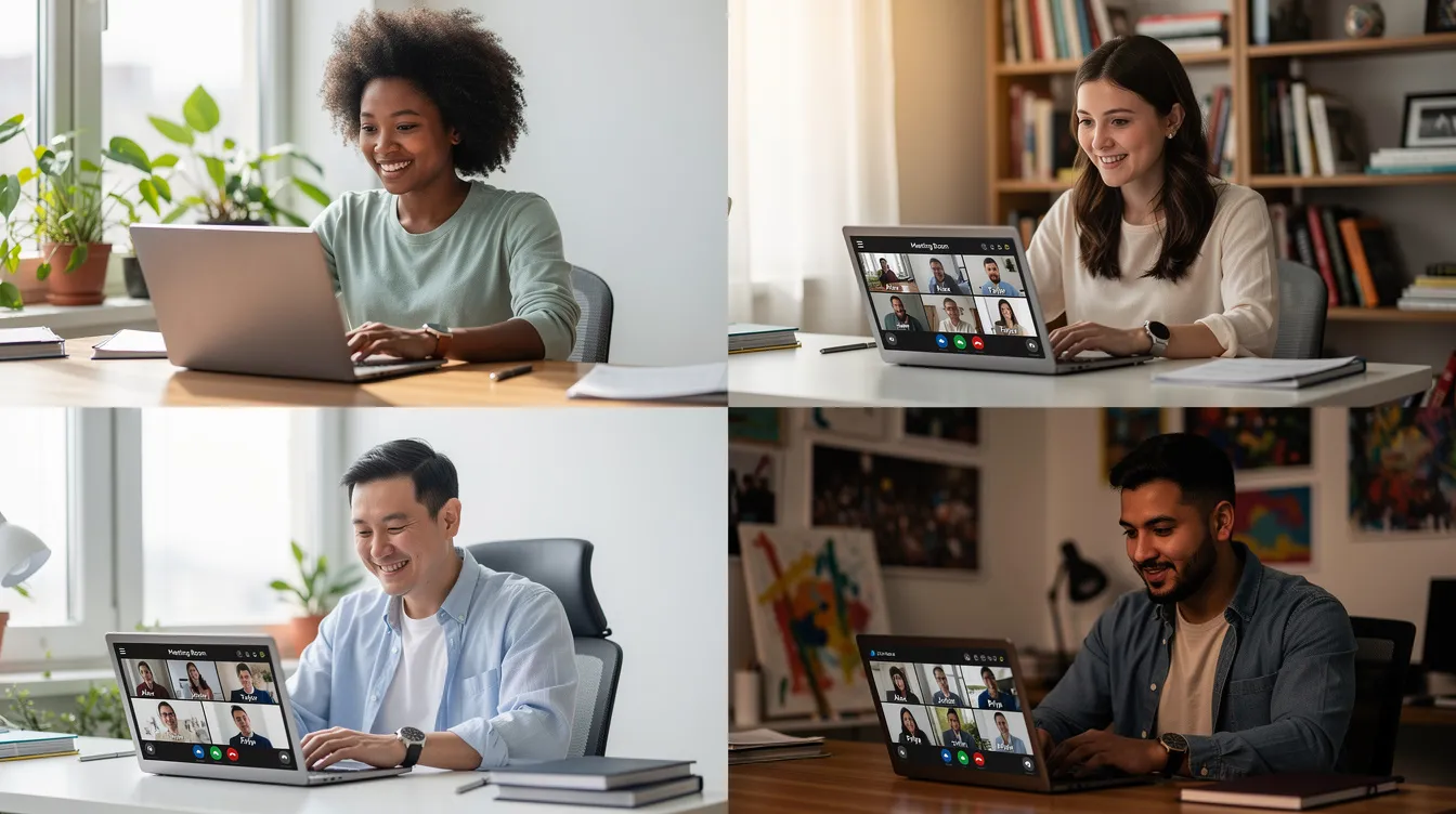 Une équipe diversifiée de professionnels travaille à distance dans leurs bureaux à domicile, chacun utilisant un ordinateur portable avec des fenêtres d'appel vidéo visibles sur leurs écrans. Cette image illustre la collaboration moderne et les pratiques de télétravail, mettant en avant la communication et l'engagement des collaborateurs dans un environnement de travail flexible.