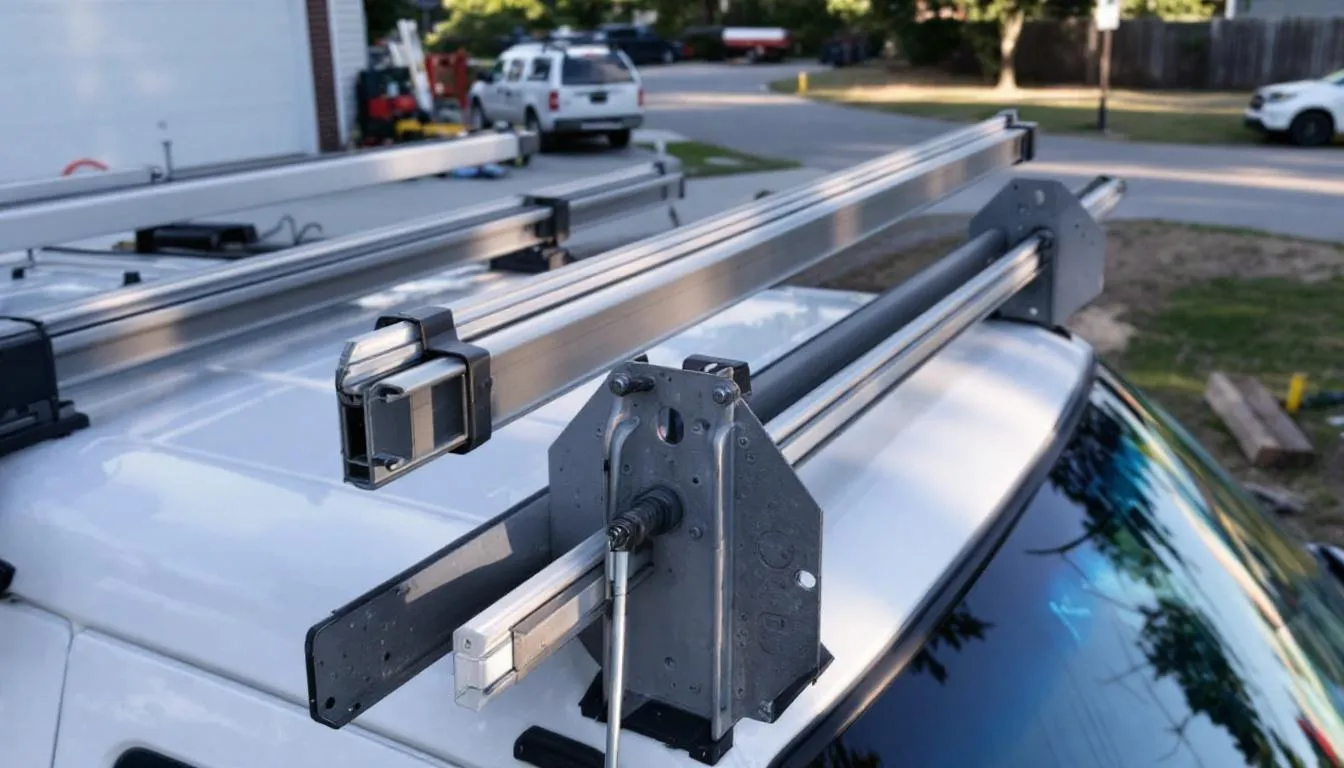 A budget-friendly gutter mount system is installed on a work van, showcasing a sturdy roof rack designed to securely hold load bars for transporting equipment. The image highlights the rain gutter attachment, emphasizing practicality for vehicle delivery and work-related tasks.