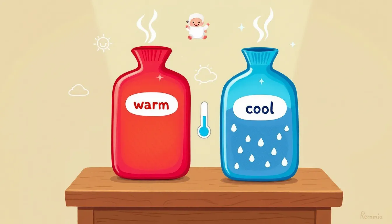 An illustration showing a hot water bottle and a cold water bottle side by side, highlighting their differences.