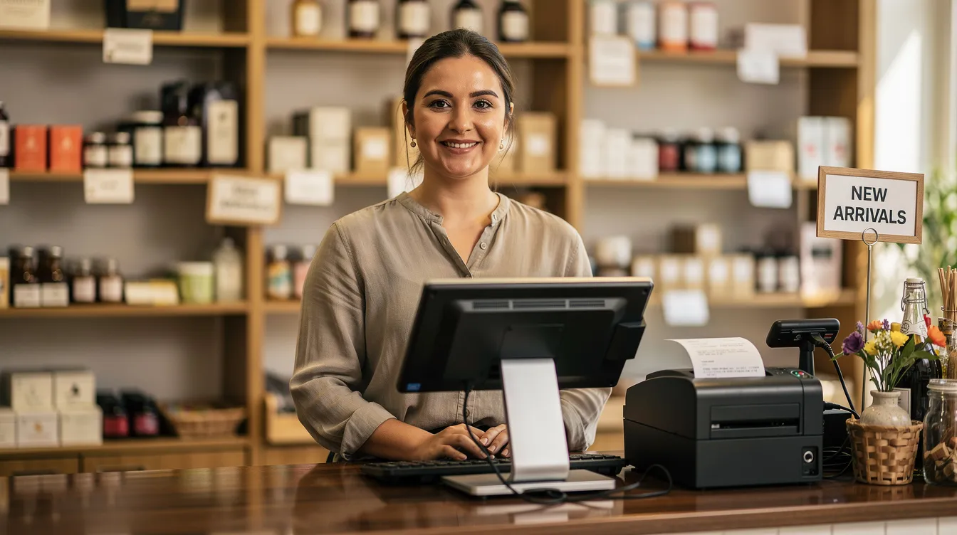 A small business owner stands behind a point of sale terminal in their retail shop, ready to assist customers with credit and debit card sales. This scene highlights the importance of cash flow management and financing options, such as merchant cash advances, for small businesses.