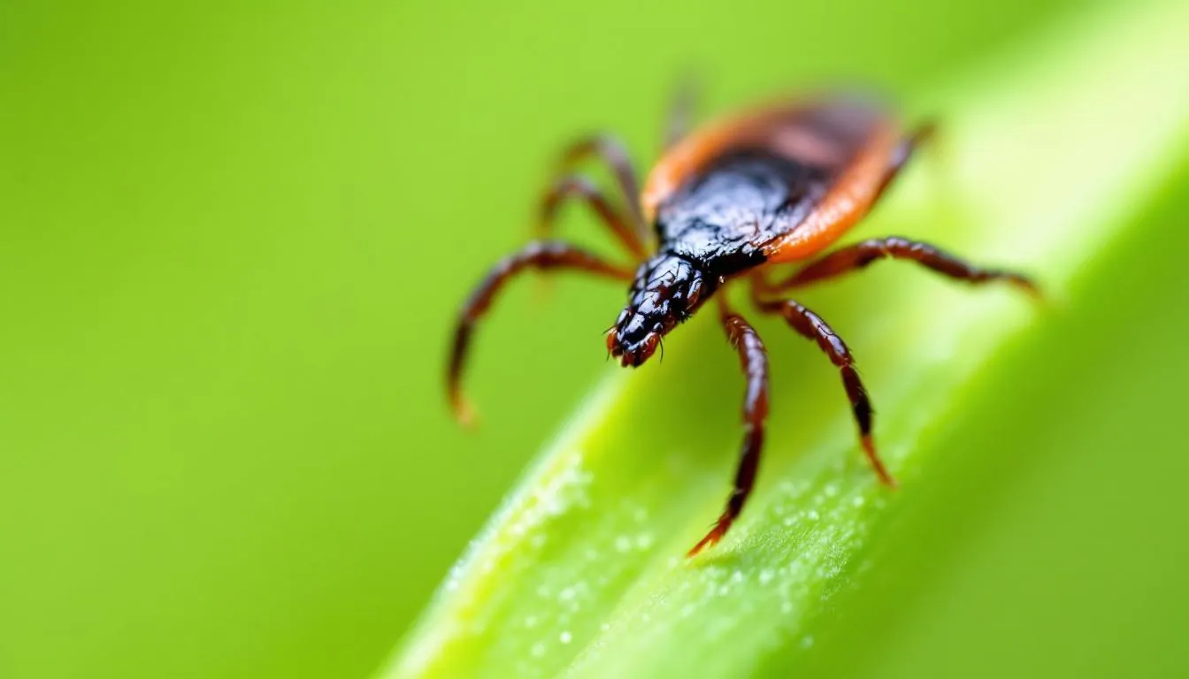 A close-up image depicts a blacklegged tick, also known as a deer tick, resting on a blade of grass, highlighting the potential for tick exposure which can lead to Lyme disease in dogs. The tick