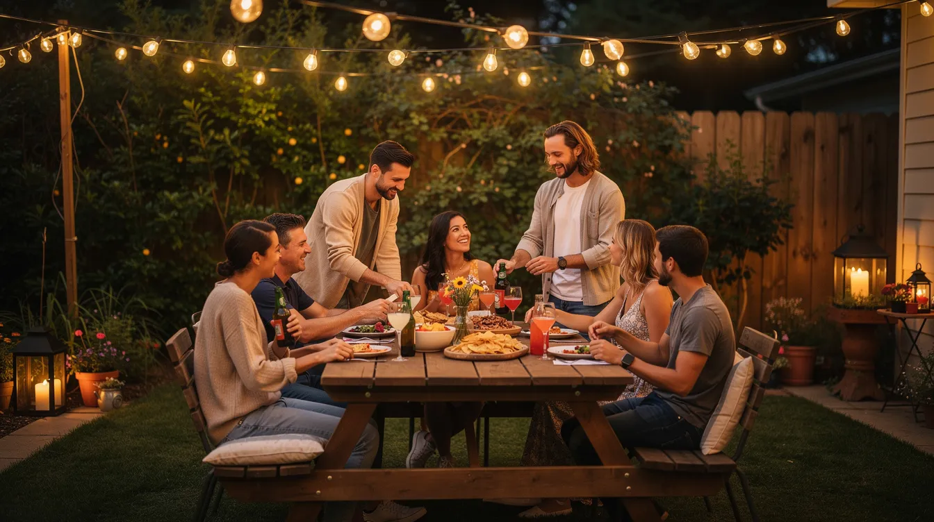 A casual backyard gathering features friends sitting around a table adorned with delicious food and drinks, illuminated by soft string lights, creating a relaxed atmosphere perfect for hosting a stress-free dinner party. Guests arrive to enjoy the evening, sharing laughter and good conversation under the warm glow of the lights.
