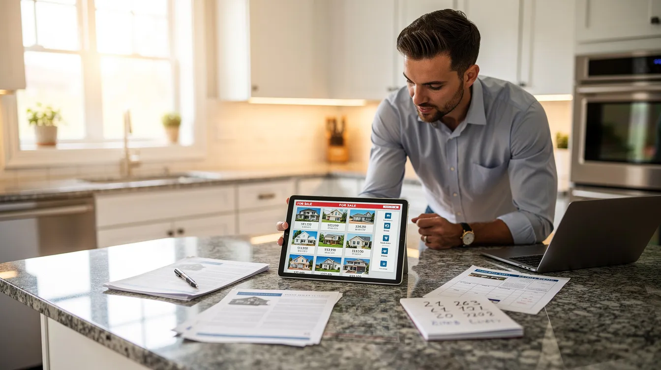 A real estate investor is intently reviewing property listings on a tablet while seated at a kitchen counter, considering various investment properties and their potential for positive cash flow. The scene highlights the importance of tools like a home equity line for financing property improvements and managing closing costs in real estate investing.
