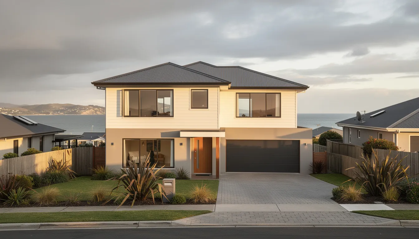 The image showcases a beautifully renovated home exterior in a Kapiti Coast neighborhood, featuring modern design elements and energy-efficient double glazed windows. This completed renovation project highlights the importance of working with licensed building practitioners and strategic renovations to enhance property values and create a dream home.