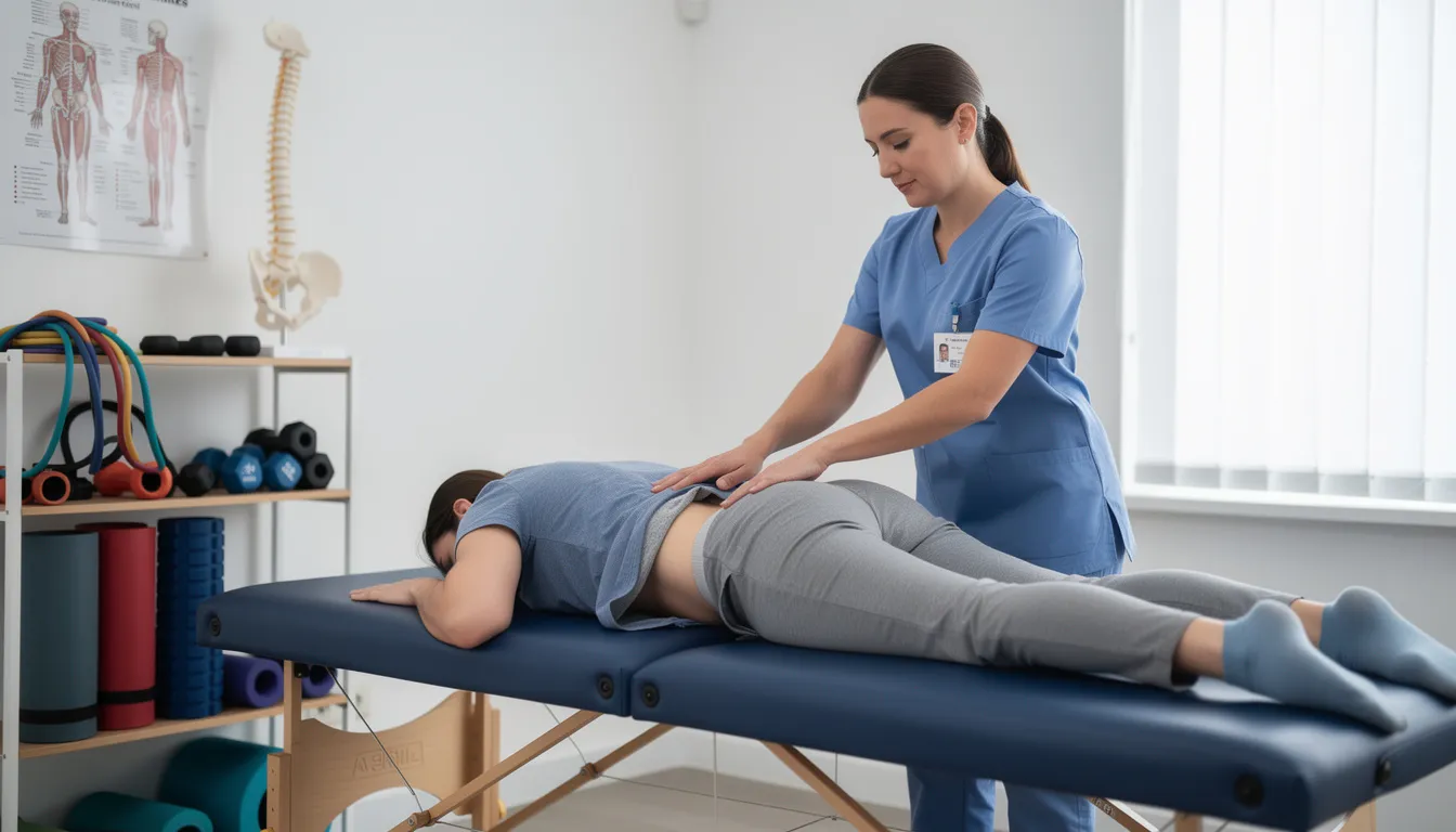 A person is undergoing physical therapy treatment for a back injury, likely resulting from a car accident. The therapist is assisting the individual with exercises aimed at alleviating pain and improving mobility, reflecting the importance of medical treatment in personal injury cases to recover compensation for medical expenses and lost wages.